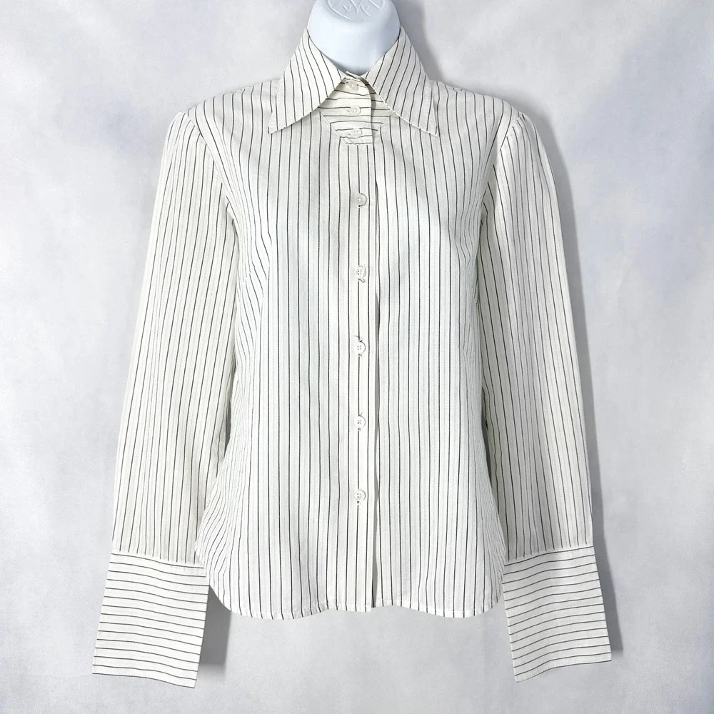 Vintage Jenne Maag Pinstripe Cream Tuxedo Button Down Shirt Women's Size 4P